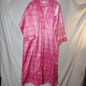 Miss Elaine Pink Satin Damask Robe M Full Zip Tassel Pockets Soft Lounge